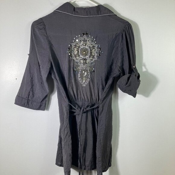 Womens BKE Y2K Roll Tab Sleeve Embroidered Rhinestone Button Tie Shirt Gray L - Picture 1 of 9